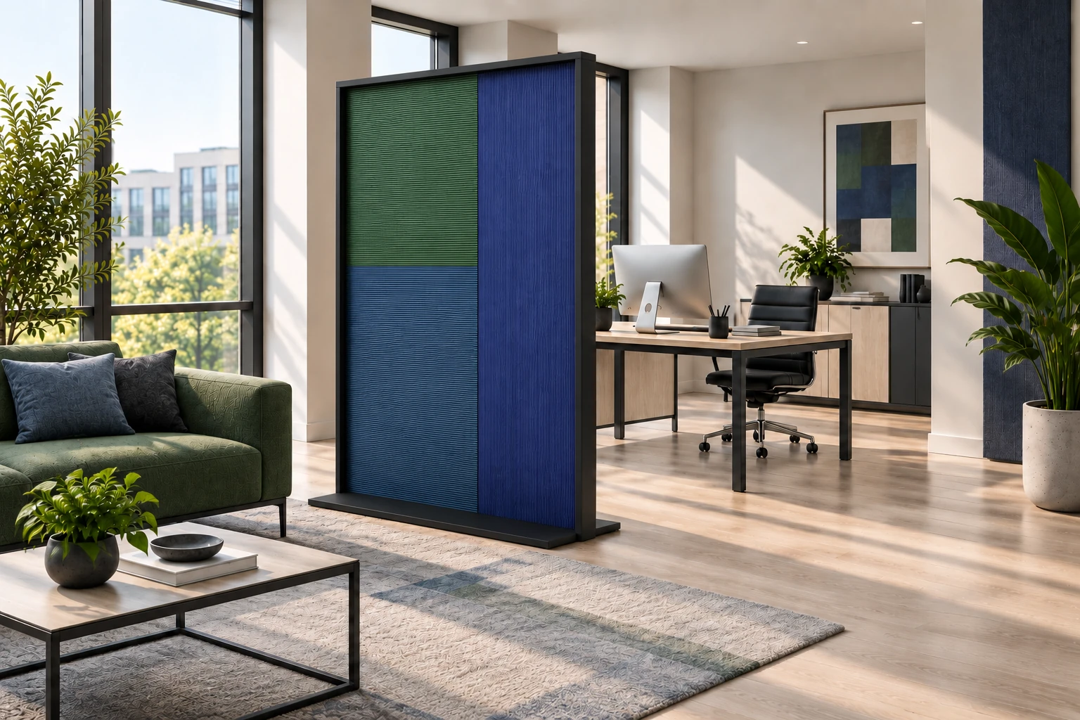 Raumteiler mit schwarzem Rahmen und grün-blauer Oberfläche in einem hellen Büro