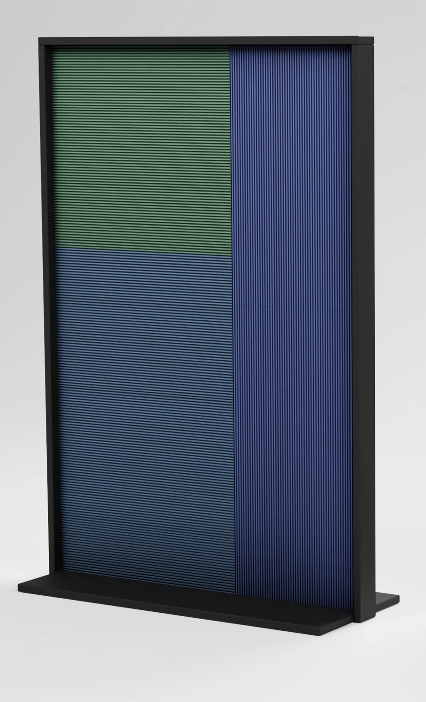 Raumteiler mit grün-blauer Oberfläche und schwarzem Rahmen